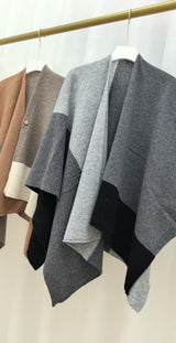 Brown Pure Wool Extra Large Shawl Scarf Color Block Multi-functional Warm Cashmere Cape Poncho - 45-Degree Angle