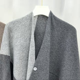 Grey Pure Wool Extra Large Shawl Scarf Color Block Multi-functional Warm Cashmere Cape Poncho - Front View