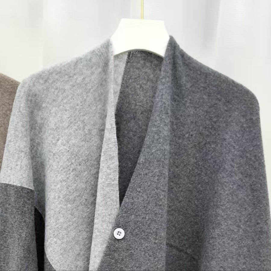 Grey Pure Wool Extra Large Shawl Scarf Color Block Multi-functional Warm Cashmere Cape Poncho