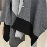 Grey Pure Wool Extra Large Shawl Scarf Color Block Multi-functional Warm Cashmere Cape Poncho - Side View