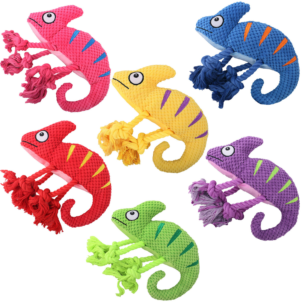 2 Pcs Yellow Interactive Plush Chameleon Dog Toy with Squeaker & Rope Legs - Durable Chew Toy for Medium/Large Dogs, Teeth Cleaning Texture, Machine Washable (10.2in)