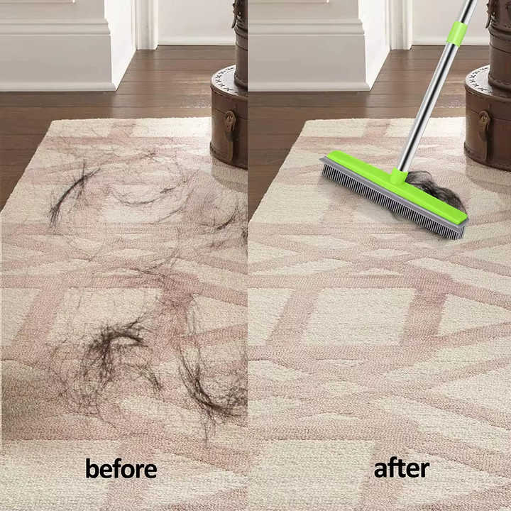 Green and Silver Versatile Pet Hair Remover Rubber Broom & Squeegee - 125cm Adjustable Stainless Steel Handle for Carpets, Floors & Windows