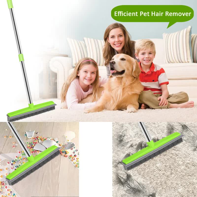 Black and Silver Versatile Pet Hair Remover Rubber Broom & Squeegee - 125cm Adjustable Stainless Steel Handle for Carpets, Floors & Windows