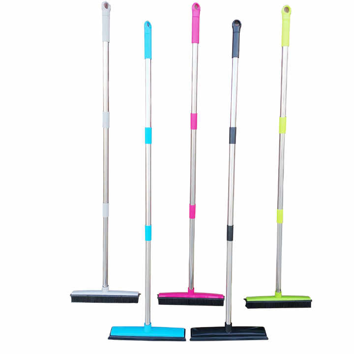 Blue and Silver Versatile Pet Hair Remover Rubber Broom & Squeegee - 125cm Adjustable Stainless Steel Handle for Carpets, Floors & Windows