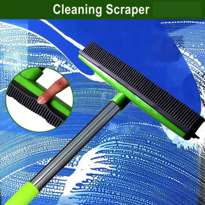 Blue and Silver Versatile Pet Hair Remover Rubber Broom & Squeegee - 125cm Adjustable Stainless Steel Handle for Carpets, Floors & Windows