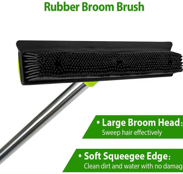 Blue and Silver Versatile Pet Hair Remover Rubber Broom & Squeegee - 125cm Adjustable Stainless Steel Handle for Carpets, Floors & Windows