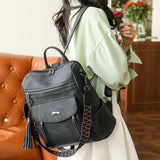 Black Chic Women's PU Leather Convertible Backpack - Anti-Theft Design, Multi-Pocket Shoulder Bag with Tassel - Front View