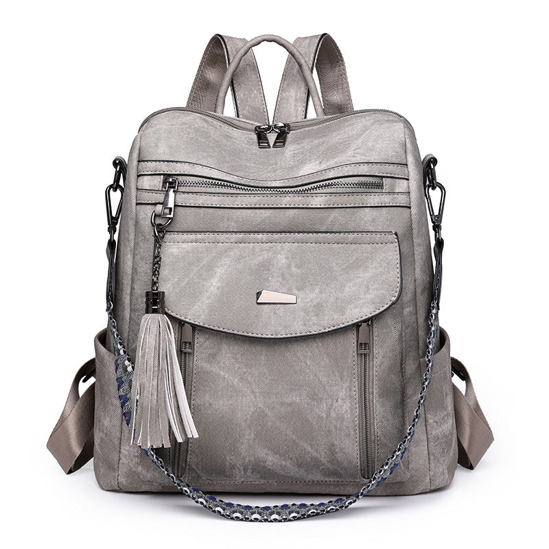 Grey Chic Women's PU Leather Convertible Backpack - Anti-Theft Design, Multi-Pocket Shoulder Bag with Tassel