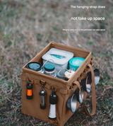 Brown Heavy Duty Foldable Outdoor Camping Storage Box - Oxford Cloth Collapsible Gear Organizer Tote with Pockets - Front View
