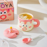 Blue Adorable Cartoon Character Ceramic Mug Set - 420ml with Fun Cake Design Lid & Matching Spoon - Perfect Gift - Side View