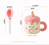 Blue Adorable Cartoon Character Ceramic Mug Set - 420ml with Fun Cake Design Lid & Matching Spoon - Perfect Gift - Top-Down View