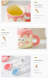 Blue Adorable Cartoon Character Ceramic Mug Set - 420ml with Fun Cake Design Lid & Matching Spoon - Perfect Gift - 45-Degree Angle
