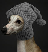 Size M Grey Whimsical Knit Dog Hat with Pom-Pom - Cozy Winter Pet Beanie & Snood - Front View