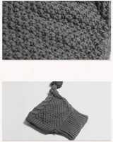 Size M Grey Whimsical Knit Dog Hat with Pom-Pom - Cozy Winter Pet Beanie & Snood - Top-Down View