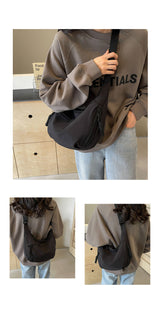 Black Large Nylon Crescent Crossbody Bag - Casual Slouchy Shoulder Purse - Front View