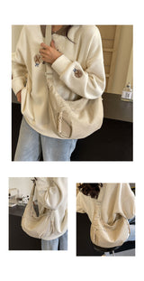 Beige Large Nylon Crescent Crossbody Bag - Casual Slouchy Shoulder Purse - Front View