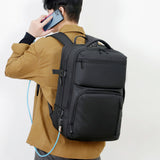 Black Expandable Business Travel Backpack with USB Charging Port - Water-Resistant Laptop Bag for Commuting & Carry-On - Front View