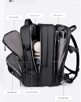 Black Expandable Business Travel Backpack with USB Charging Port - Water-Resistant Laptop Bag for Commuting & Carry-On - 45-Degree Angle