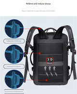 Black Expandable Business Travel Backpack with USB Charging Port - Water-Resistant Laptop Bag for Commuting & Carry-On - Low Angle