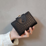 Black Elegant Croc Embossed Womens Wallet - Short PU Leather Bifold with Removable Kisslock Coin Purse & Card Holder - 45-Degree Angle