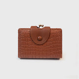 Brown Elegant Croc Embossed Womens Wallet - Short PU Leather Bifold with Removable Kisslock Coin Purse & Card Holder