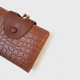 Brown Elegant Croc Embossed Womens Wallet - Short PU Leather Bifold with Removable Kisslock Coin Purse & Card Holder - Front View