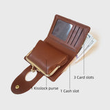 Brown Elegant Croc Embossed Womens Wallet - Short PU Leather Bifold with Removable Kisslock Coin Purse & Card Holder - Side View