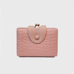 Pink Elegant Croc Embossed Womens Wallet - Short PU Leather Bifold with Removable Kisslock Coin Purse & Card Holder
