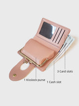 Pink Elegant Croc Embossed Womens Wallet - Short PU Leather Bifold with Removable Kisslock Coin Purse & Card Holder - Front View