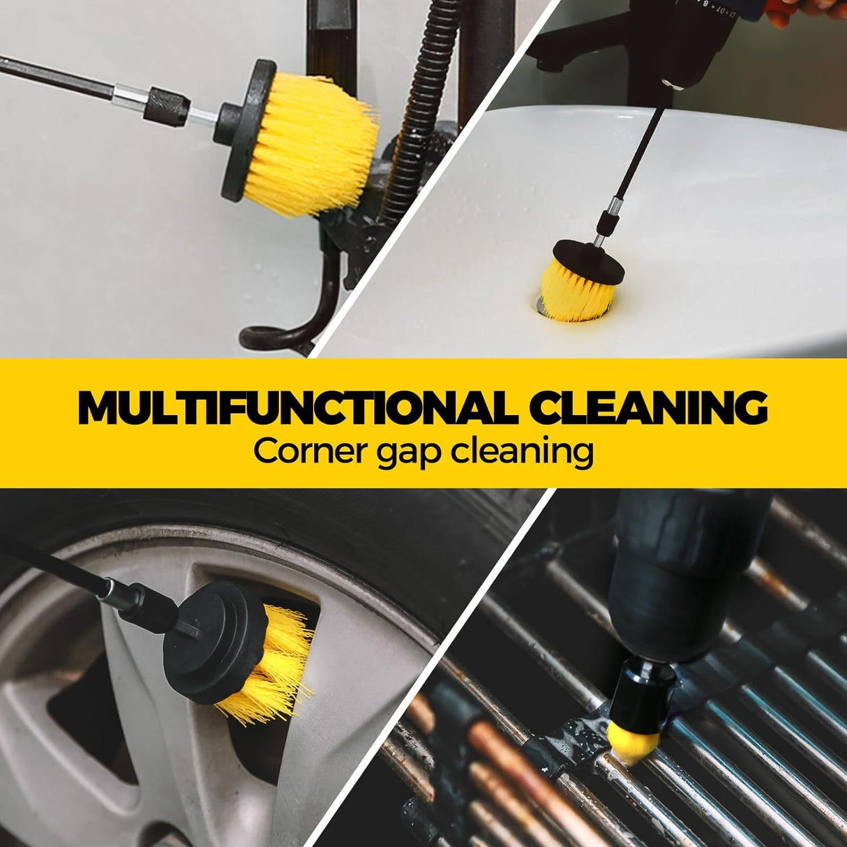 Yellow and Black  6 Pack Drill Brush Power Scrubber Cleaning Brush Extended Long Attachment Set All Purpose Drill Scrub Brushes Kit for Grout, Floor, Tub, Shower, Tile, Bathroom and Kitchen Surface