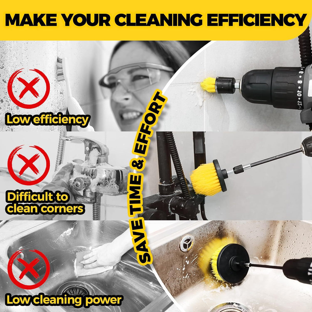 Yellow and Black  6 Pack Drill Brush Power Scrubber Cleaning Brush Extended Long Attachment Set All Purpose Drill Scrub Brushes Kit for Grout, Floor, Tub, Shower, Tile, Bathroom and Kitchen Surface