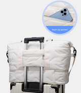 White Stylish Quilted Duffel Bag for Travel & Gym - Large Capacity Weekender with Shoe Compartment and Wet Pocket - Rear View