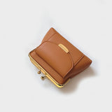 Brown Vintage Style Women's Kiss Lock Coin Purse - Compact PU Leather Wallet with Card Holder - Side View