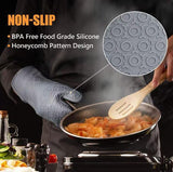 Grey 6-Piece Silicone Oven Mitts and Pot Holders Set - Extra Long Waterproof Heat Resistant Gloves with Non-Slip Grip for Kitchen Baking BBQ - Front View