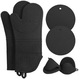Black 6-Piece Silicone Oven Mitts and Pot Holders Set - Extra Long Waterproof Heat Resistant Gloves with Non-Slip Grip for Kitchen Baking BBQ