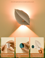 White Leaf-Shaped LED Motion Sensor Night Light - USB Rechargeable Wireless Wall Lamp with Remote Control - Low Angle
