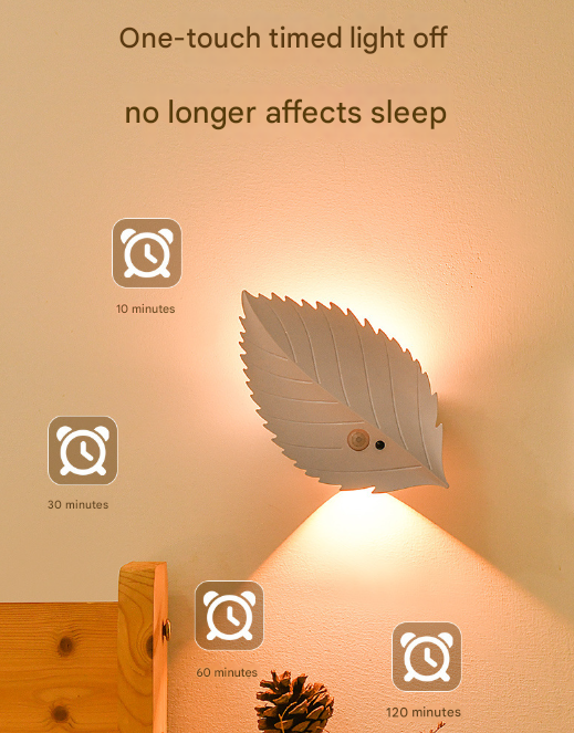 White RGB Color-Changing Leaf LED Night Light - Wireless Motion Sensor Wall Lamp with Remote Control for Ambiance Lighting
