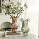 Transparent Elegant Glow-in-the-Dark Glass Vase - Vintage-Style Ruffled & Ribbed Centrepiece - Front View