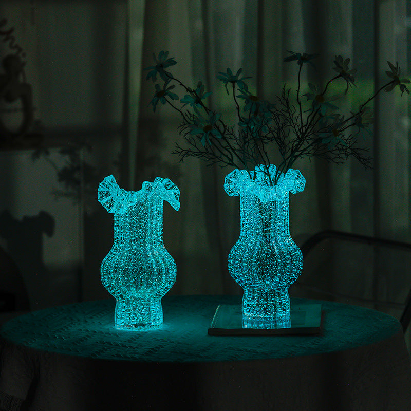Pink Elegant Glow-in-the-Dark Glass Vase - Vintage-Style Ruffled & Ribbed Centrepiece