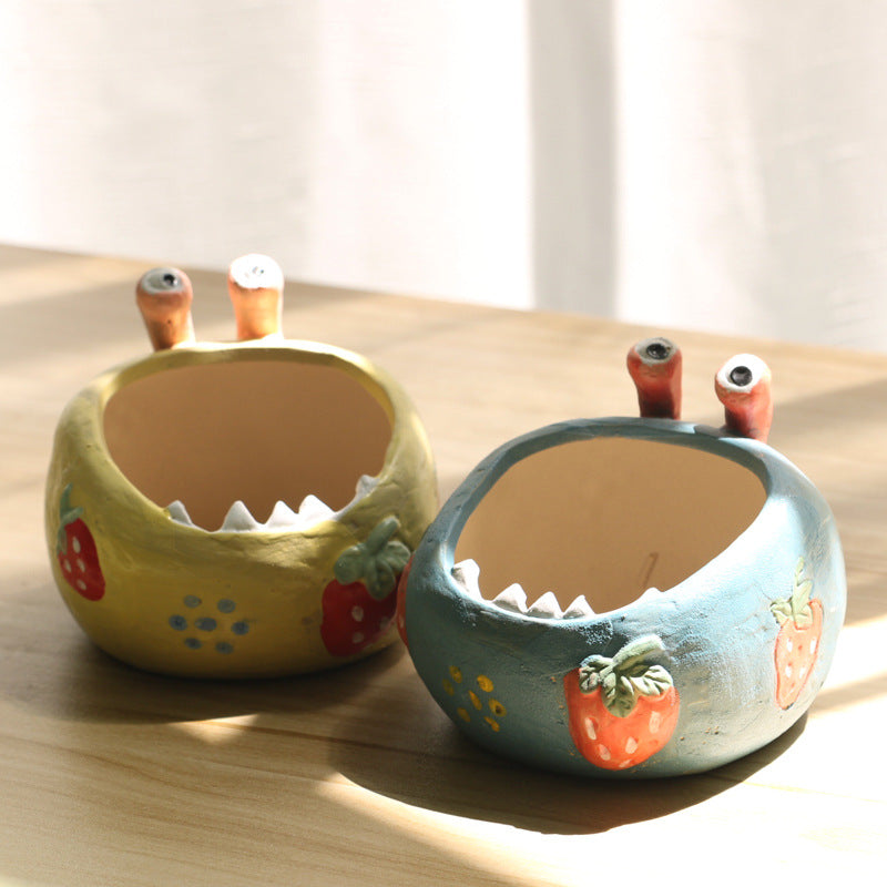 2 Pcs Blue Whimsical Monster Ceramic Succulent Planter - Hand-Painted Character Pot with Drainage