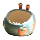 2 Pcs Blue Whimsical Monster Ceramic Succulent Planter - Hand-Painted Character Pot with Drainage - Side View