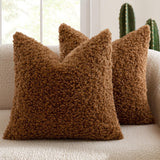 2 Pcs Brown Cozy Teddy Boucle Cushion Cover - Plush Decorative Square Pillow Case for Sofa & Bed