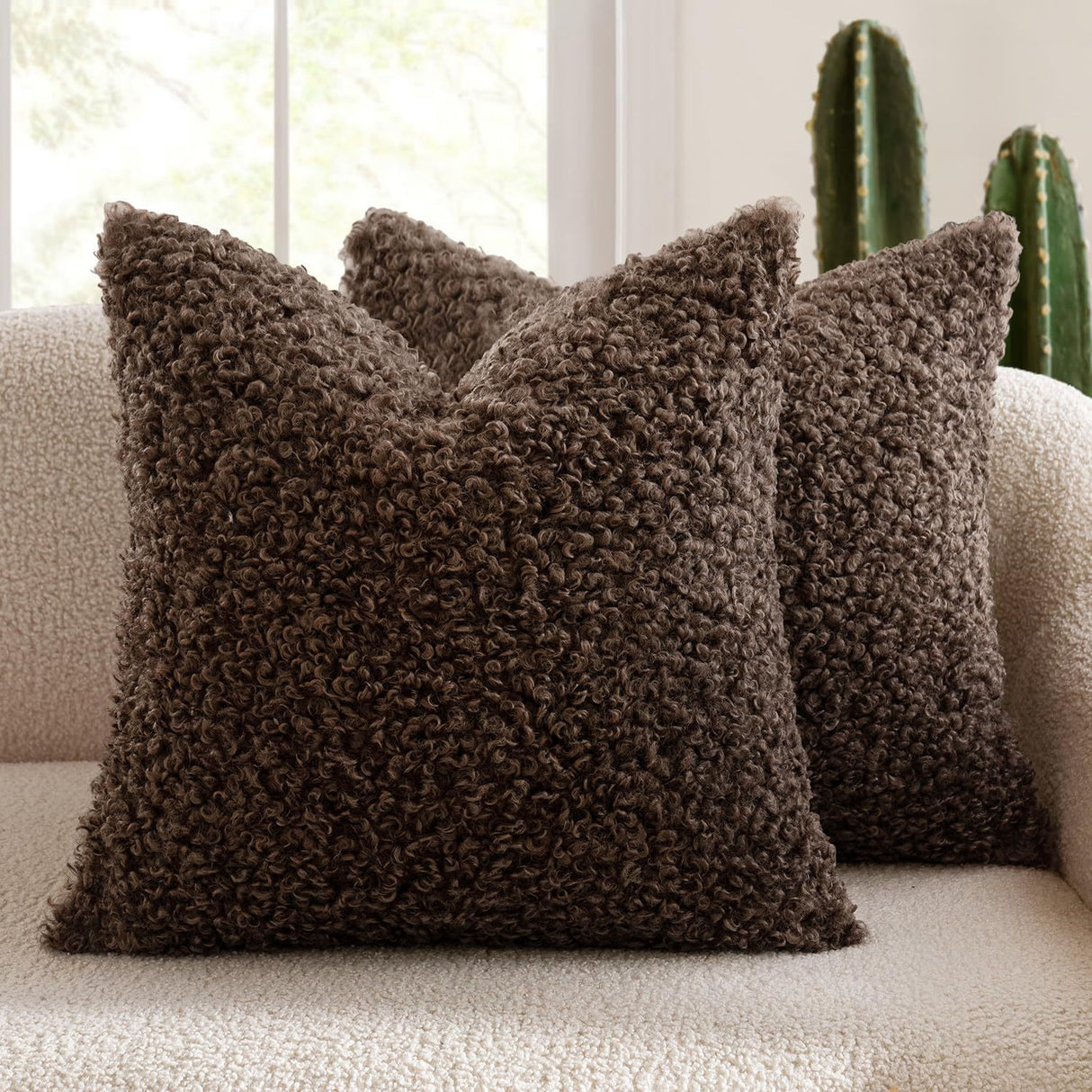 2 Pcs Coffee Cozy Teddy Boucle Cushion Cover - Plush Decorative Square Pillow Case for Sofa & Bed