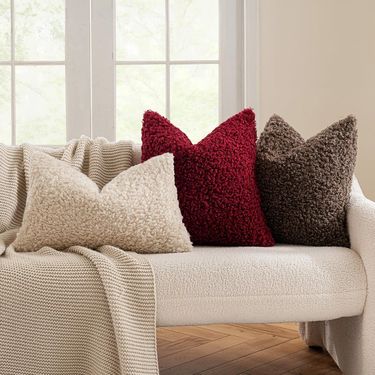 2 Pcs Red Cozy Teddy Boucle Cushion Cover - Plush Decorative Square Pillow Case for Sofa & Bed