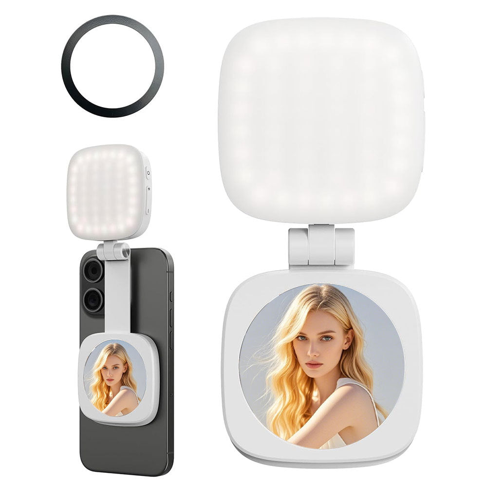 White Magnetic Foldable Selfie Light with Mirror - Rechargeable LED Fill Light for iPhone & Android Vlogging(Mobile phone is a shooting prop and is