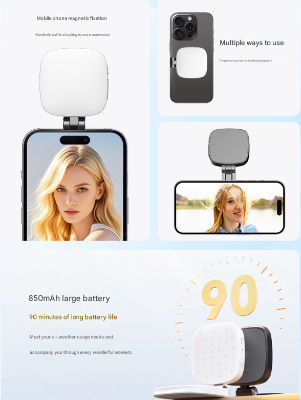 White Magnetic Foldable Selfie Light with Mirror - Rechargeable LED Fill Light for iPhone & Android Vlogging(Mobile phone is a shooting prop and is