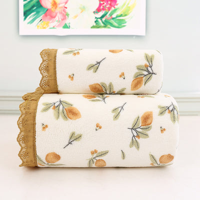 Beige Vintage Floral Lace Trim Towel Set - Ultra Soft Absorbent Coral Fleece Bath & Face Towel