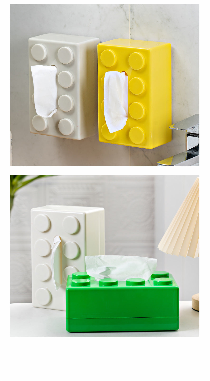 White 2 Pcs Creative Building Block Tissue Box Holder - Wall-Mounted & Desktop Dispenser for Bathroom, Kids Room & Office Decor