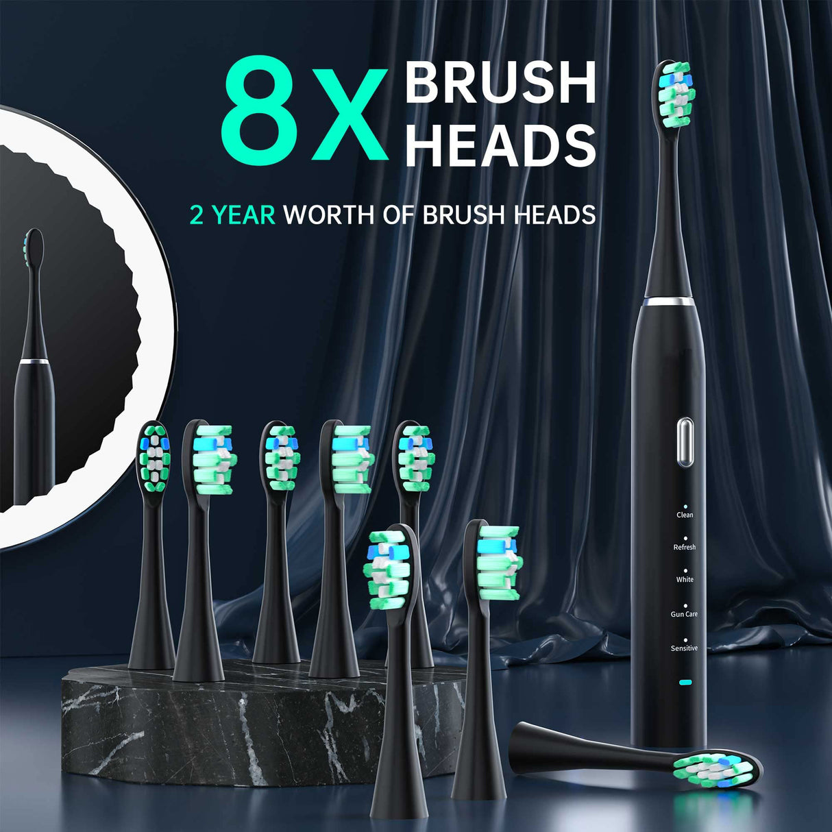 Black Sonic Rechargeable Electric Toothbrush with 8 Heads & Travel Case - 5 Brushing Modes & Smart Timer(USB)