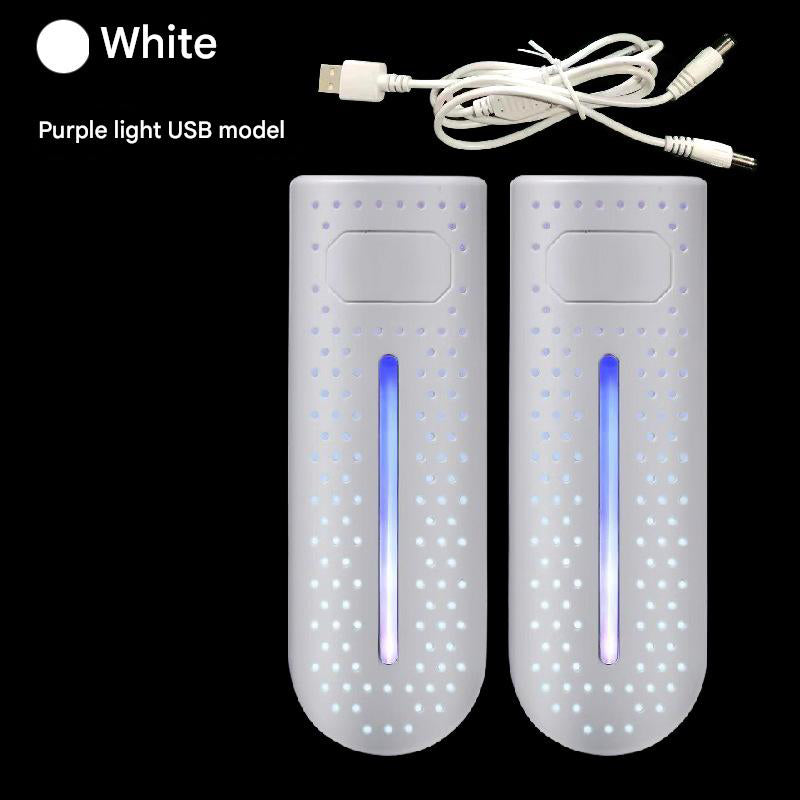 White portable USB shoe dryer and deodoriser with UV sanitiser, porous design with over 350 vents